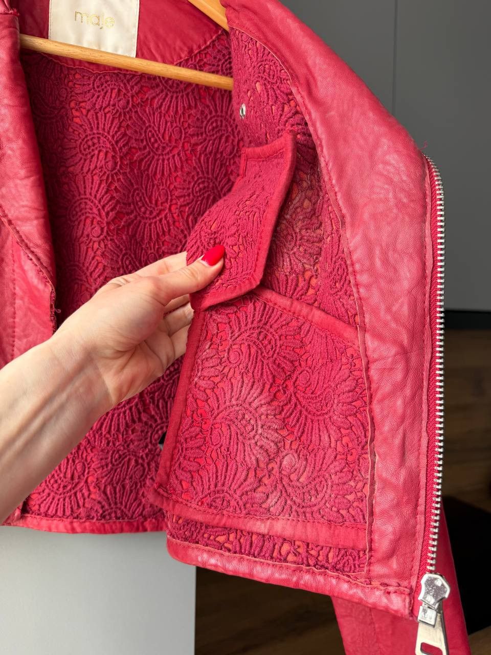 Maje Maje Embroidered Leather Biker Jacket Red Size XS / US 0-2 / IT 36-38 - 5 Thumbnail