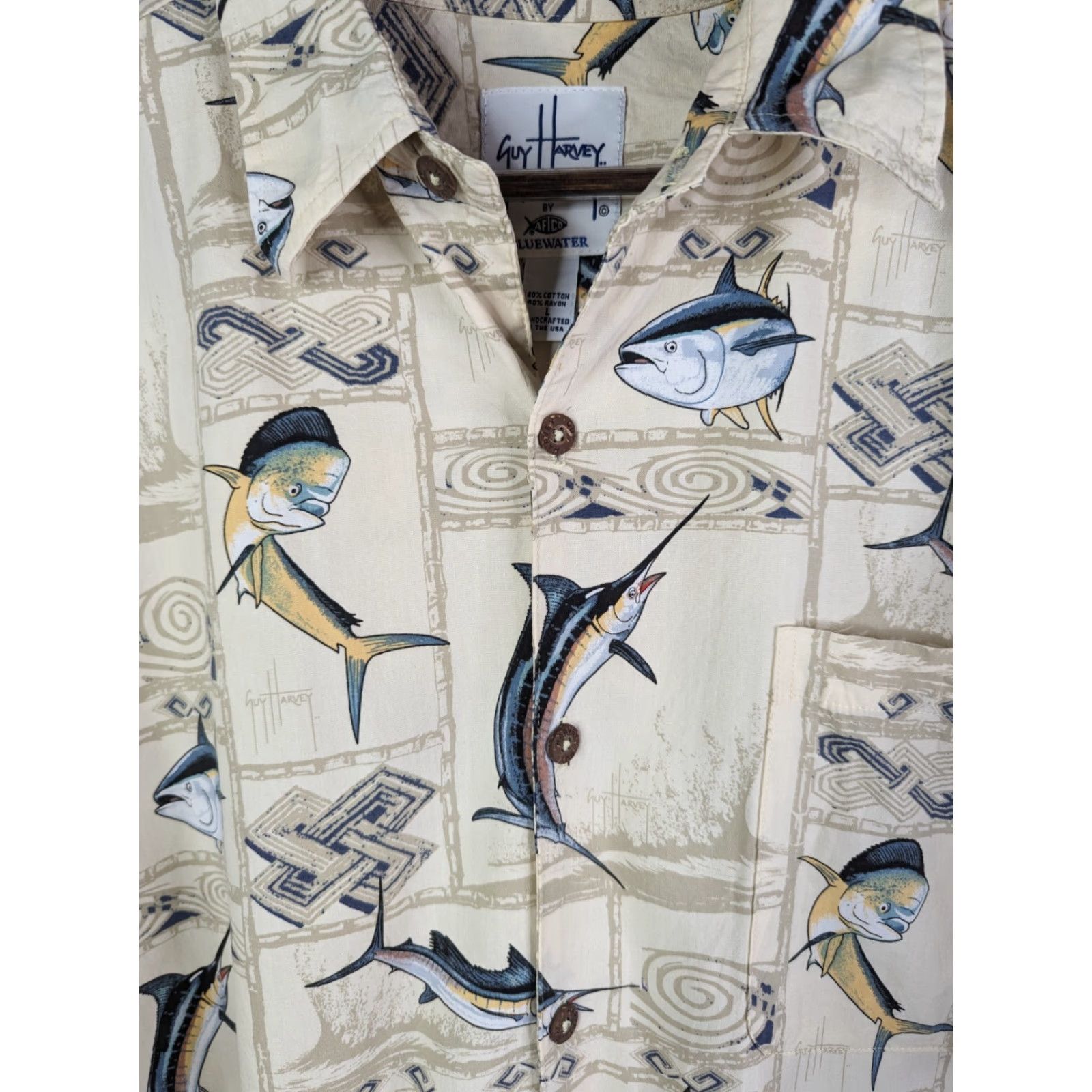 Guy Harvey Guy Harvey by AFTCO Blue Water Shirt Mens Large Marlin Nautical Fishing USA Beige Cotton Shirt Size US L / EU 52-54 / 3 - 4 Thumbnail