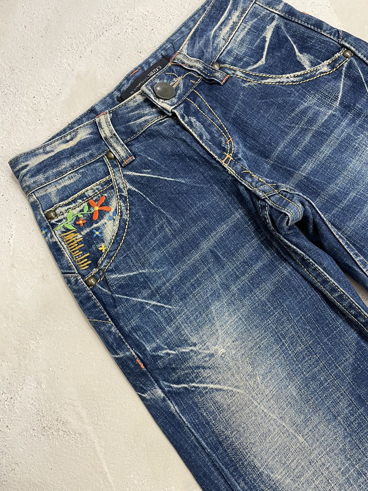 Designer Lolita Wide Leg Muddy Embroidery Studded Flare Denim Pants Size US 26 / EU 42 - 3 Thumbnail