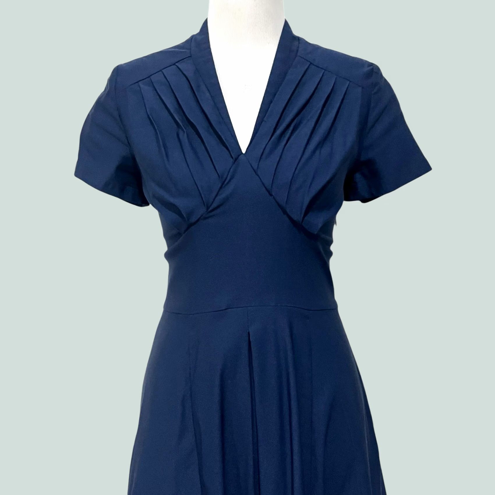 Vintage Miss Lulo Dress Navy Blue Midi Fit & Flare Pleated Short Sleeve Stretch Womens L Dress Size 36" / US 14 / IT 50 - 1 Thumbnail