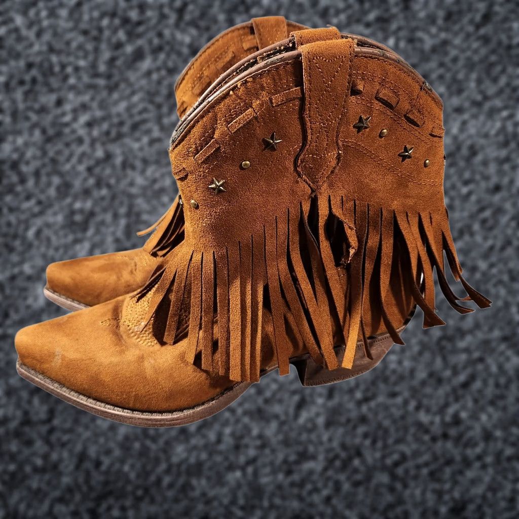 Vintage Dingo Womens Western Boot DI7448 Fringe Cowgirl Ankle Boot Brown Suede-Look Pointed Toe 6M Size US 6 / IT 36 - 1 Thumbnail