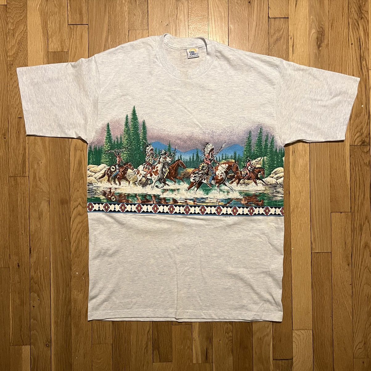 Vintage Native American Graphic T Shirt Mens Large AOP Gray