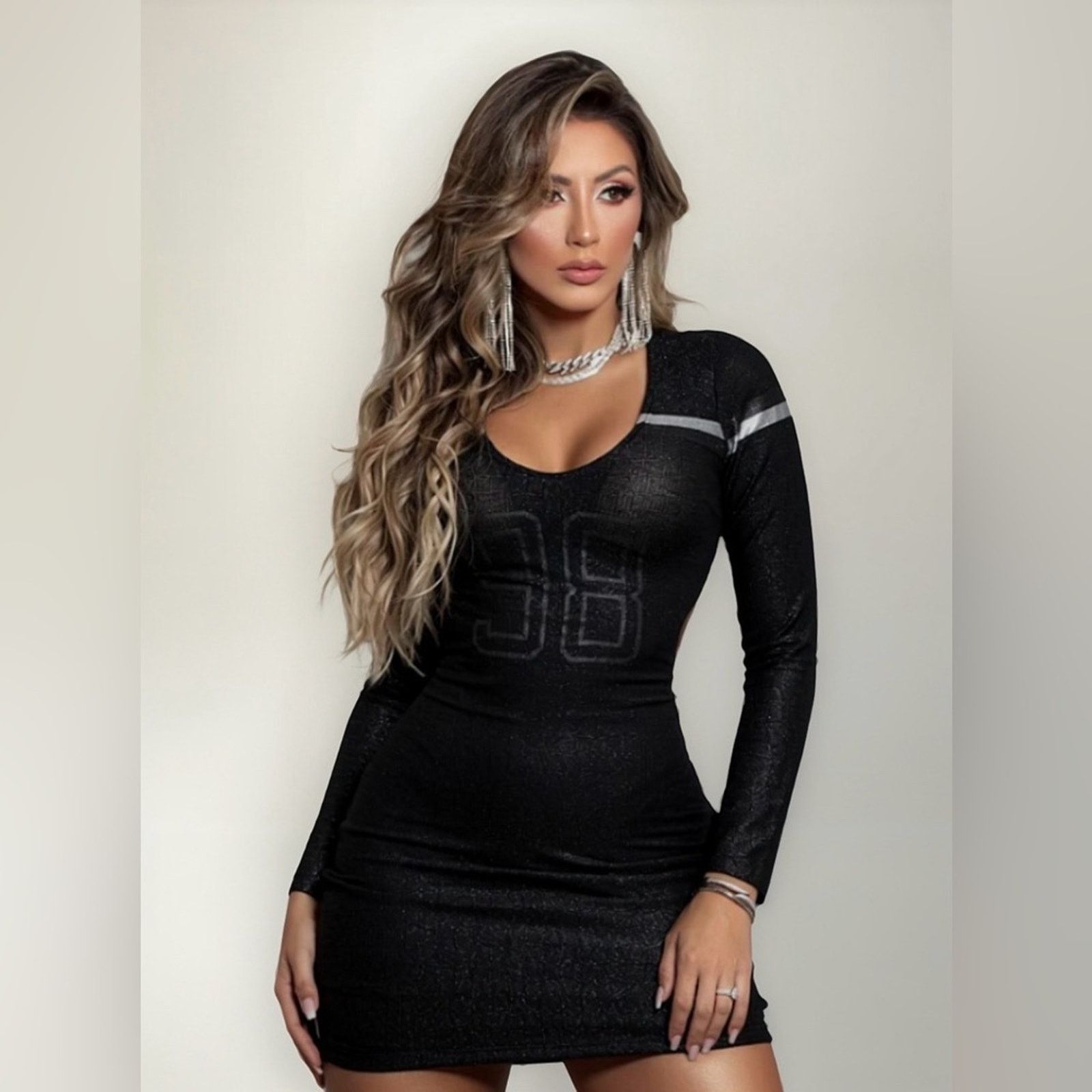 Other New Y2K Pitbull Chic Shimmery Black Long Sleeve Dress size S Size S / US 4 / IT 40 - 1 Thumbnail