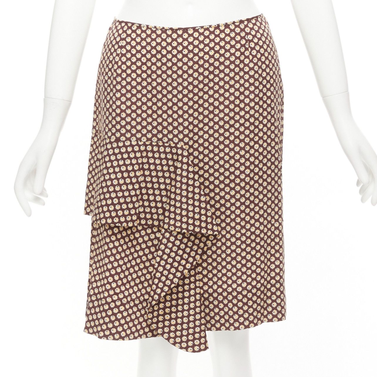 Marni MARNI brown yellow floral silk blend ruffle drape front mid skirt IT40 S Size 27" / US 4 / IT 40 - 1 Thumbnail