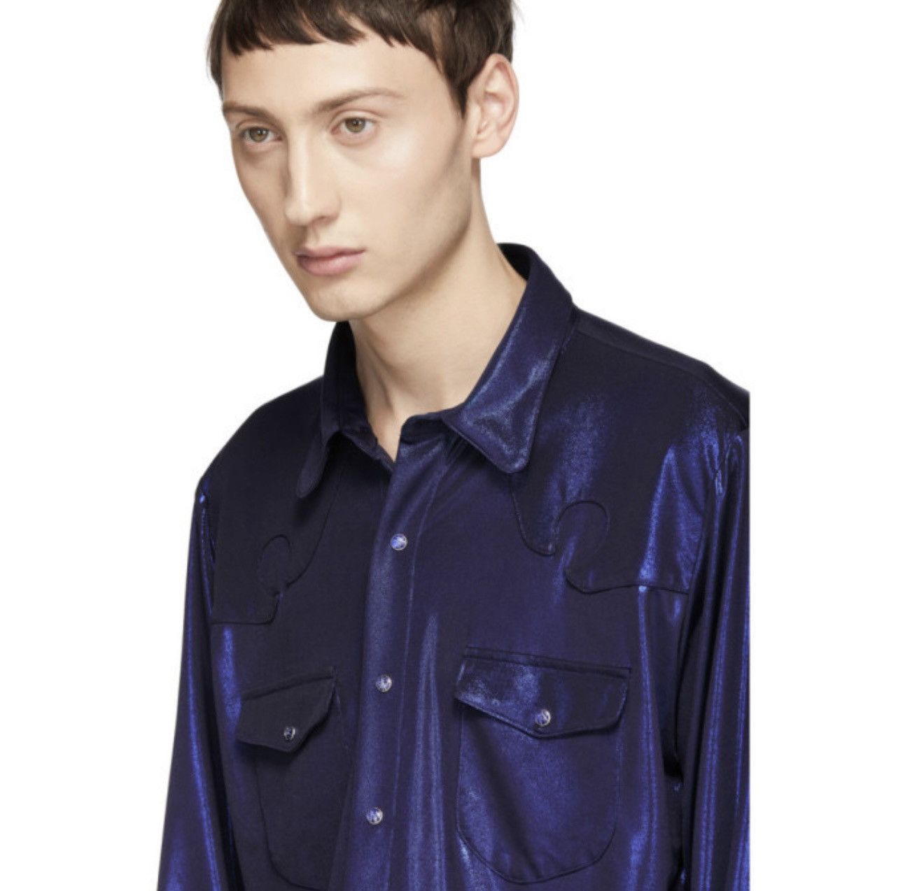 KOZABURO Kozaburo Navy Classic Fit Silk Lame Western Shirt Size US S / EU 44-46 / 1 - 3 Thumbnail