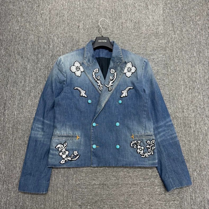 Louis Vuitton Turquoise sequined embroidered denim blazer j