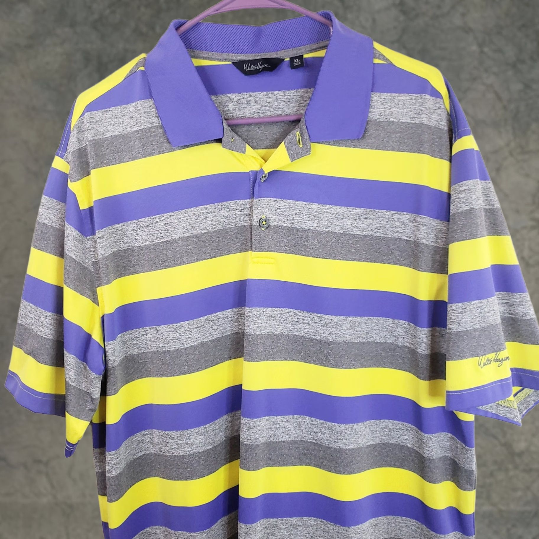 Vintage Walter Hagen Shirt Mens XL Purple Yellow Striped Polo Golf Casual Short Sleeve Size US XL / EU 56 / 4 - 1 Thumbnail