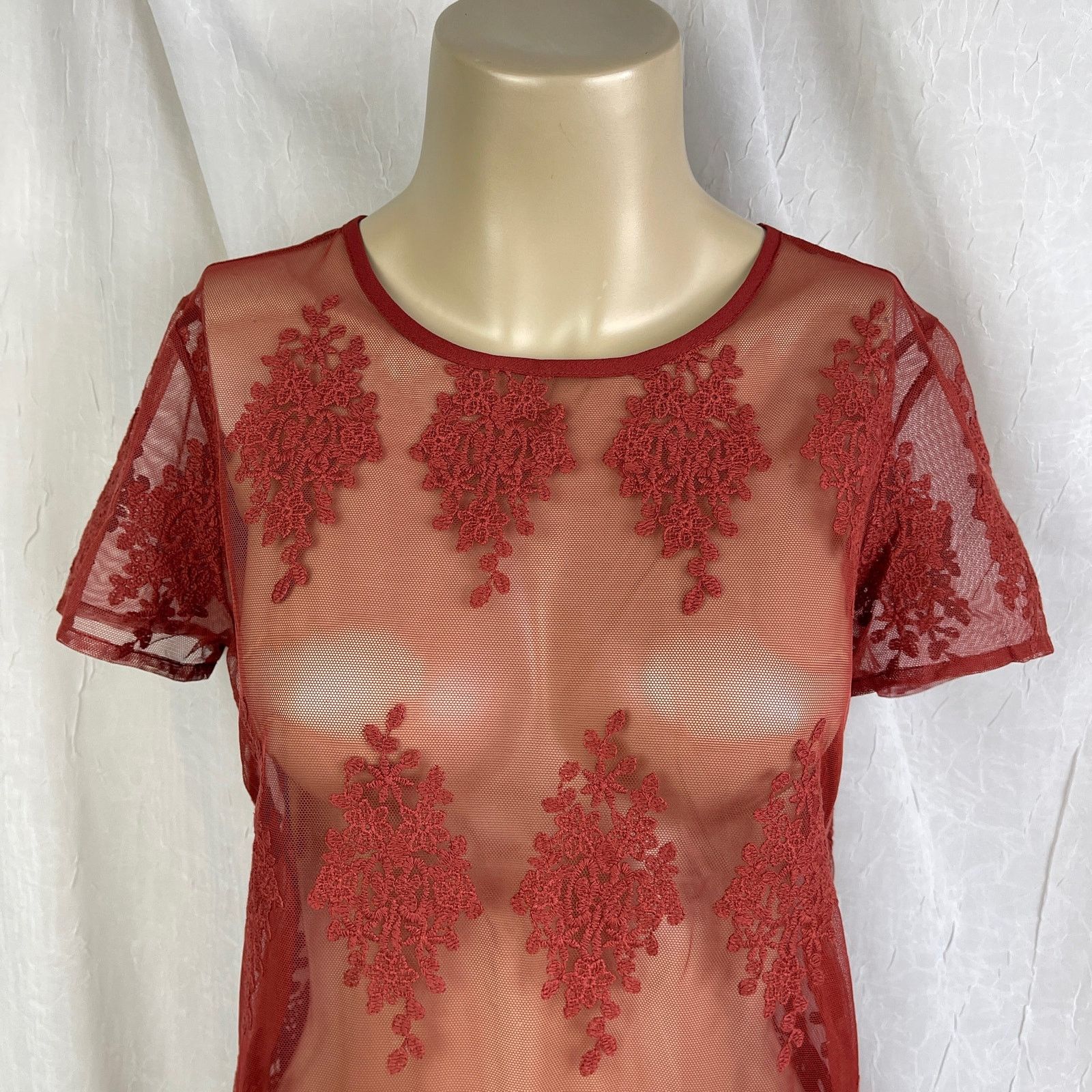 Forever 21 Rust Sheer Mesh Lace T Shirt Scalloped Hem Forever 21 Small Size S / US 4 / IT 40 - 2 Thumbnail