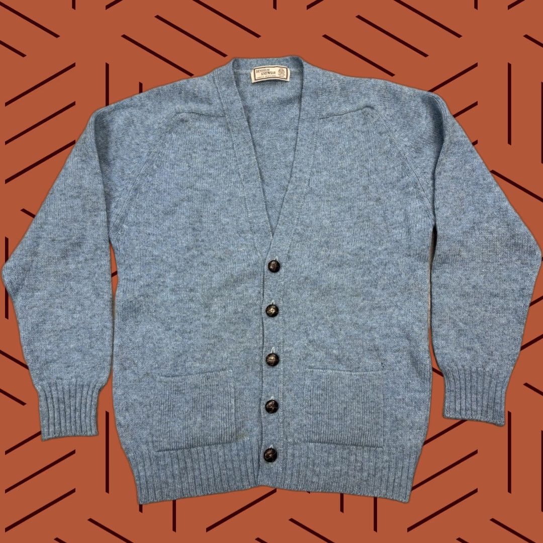 Vintage VINTAGE Denholm Scotland Shetland Wool Cardigan Mens Blue 5-Button Knit Pockets Classic 80s 90s Size L / US 10 / IT 46 - 1 Thumbnail