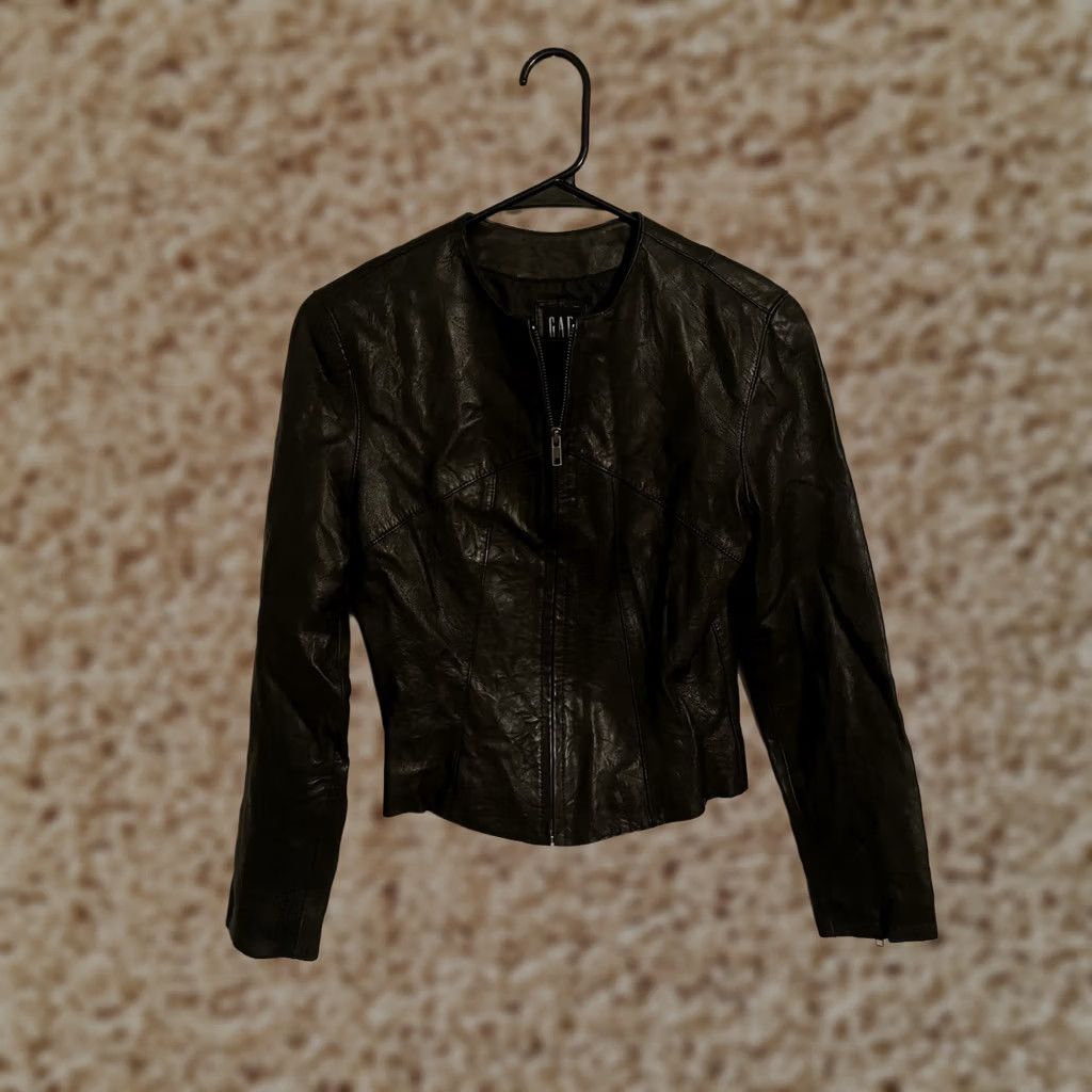 Gap VINTAGE Gap Leather Blazer Jacket Moto Cafe Racer - Women's XS Green Solid Short Zip 100% Leather 100% Polyester Blazer Mens Womens Girls Boys Size XS / US 0-2 / IT 36-38 - 1 Thumbnail