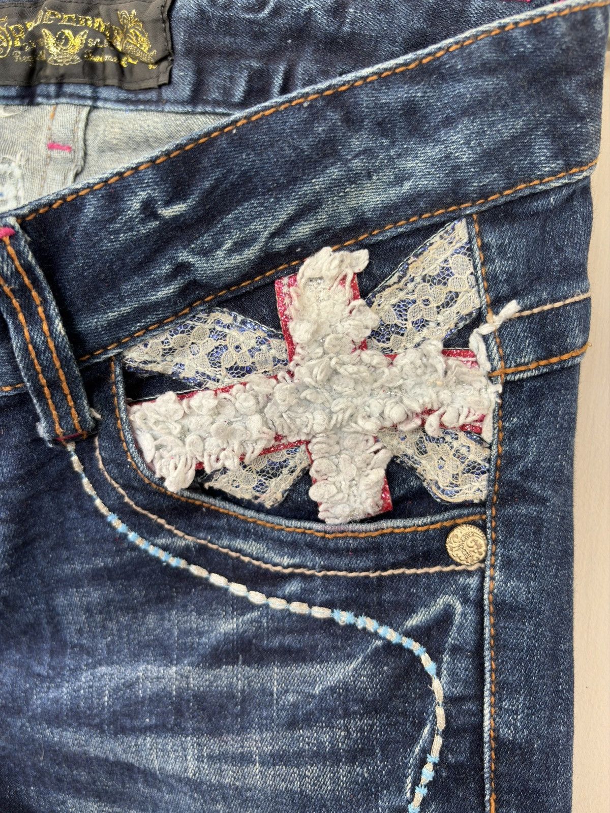 Japanese Brand Red Pepper Union Jack Streetwear Low Flared Distressed Denim Size US 31 - 15 Thumbnail