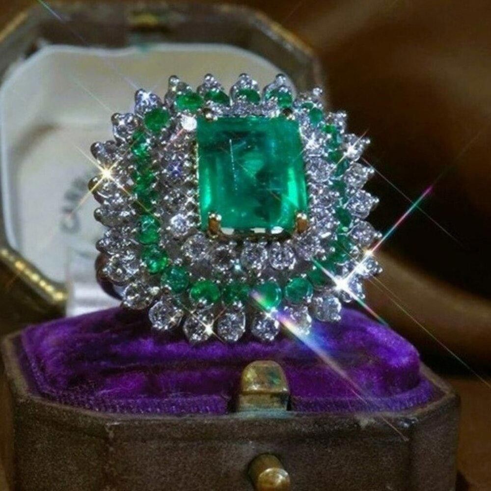 Designer Vintage Emerald & White Sapphire Silver Art Deco Ring Size ONE SIZE - 4 Thumbnail