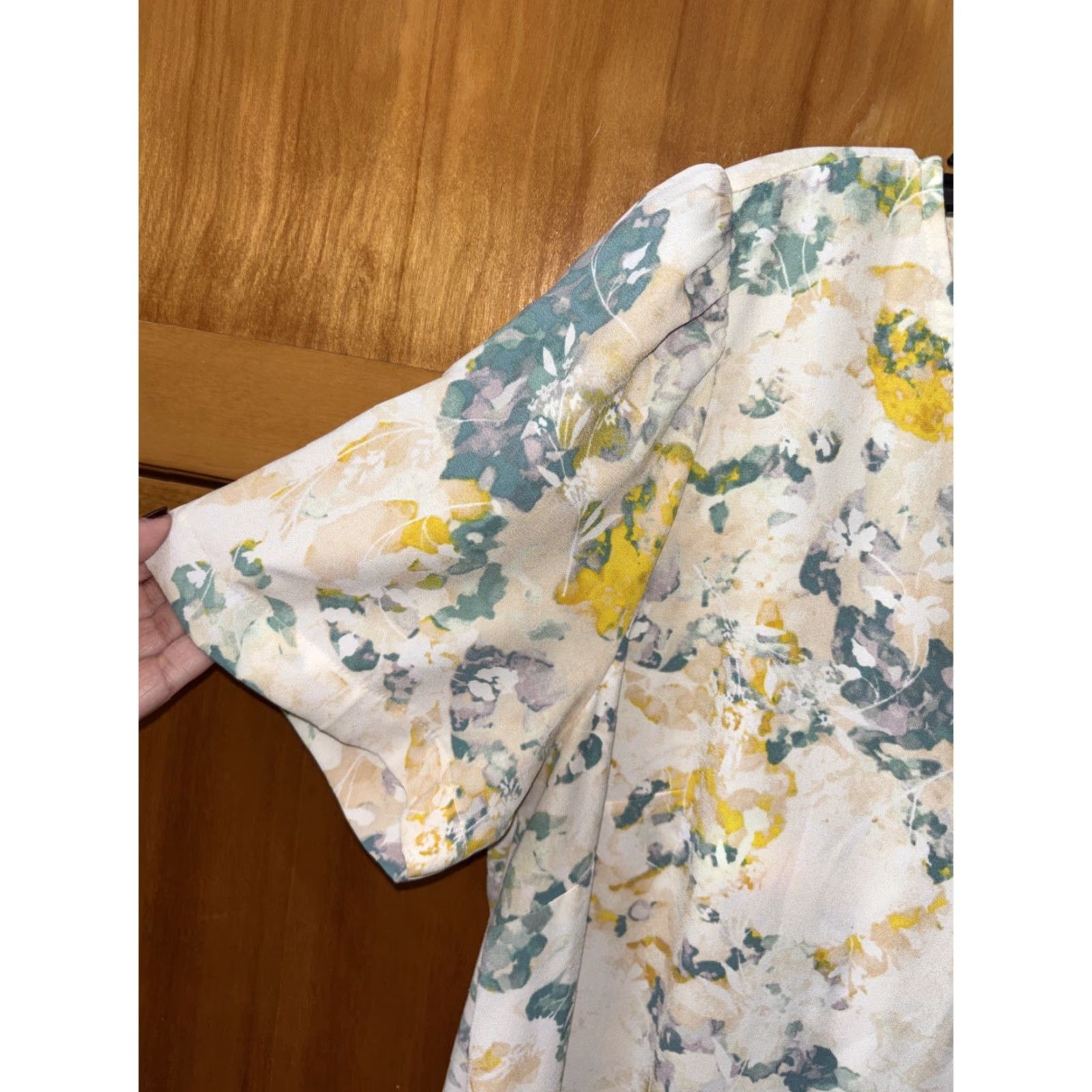 Vintage A New Day Women Ivory Casual Dress L Drop Waist Floral V Neck Short Sleeve Size 36" / US 14 / IT 50 - 3 Thumbnail