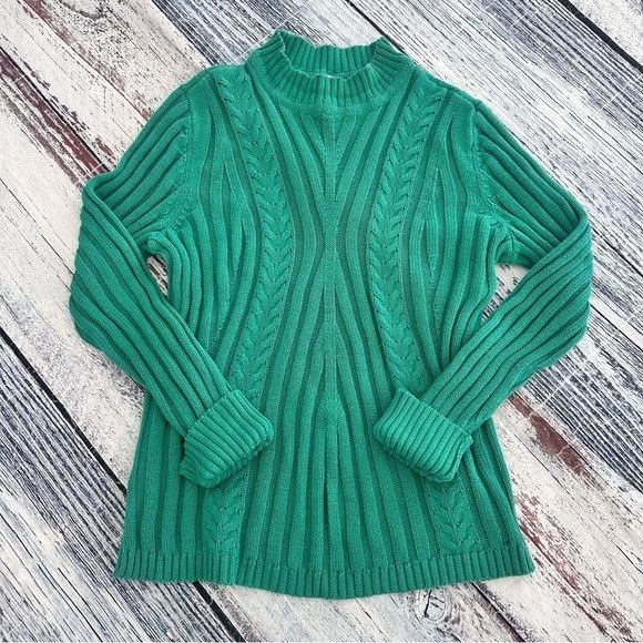 Vintage Vintage Kelly Green Cable-Detail Mock-Neck Sweater Size M / US 6-8 / IT 42-44 - 2 Thumbnail