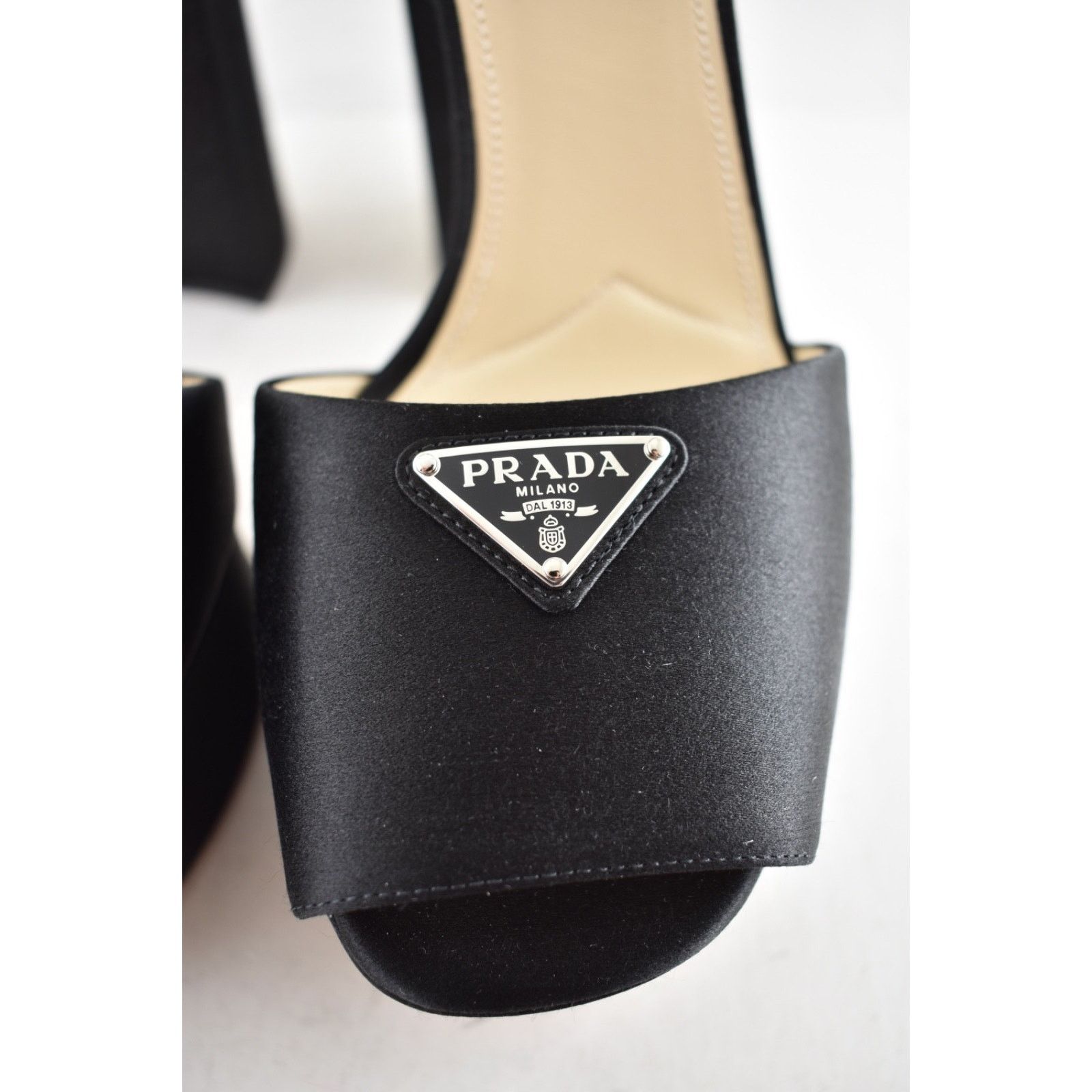 Prada Prada 135mm Black Satin Logo Platform Sandal Ankle Strap Size US 10 / IT 40 - 8 Thumbnail