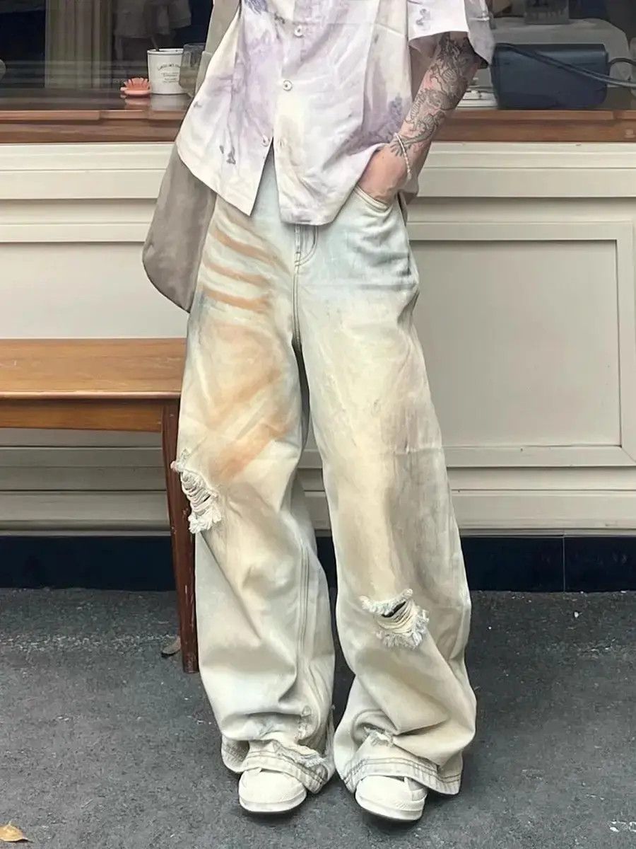 Japanese Brand Straight leg floor mopping mud dyed ripped jeans Size US 32 / EU 48 - 3 Thumbnail