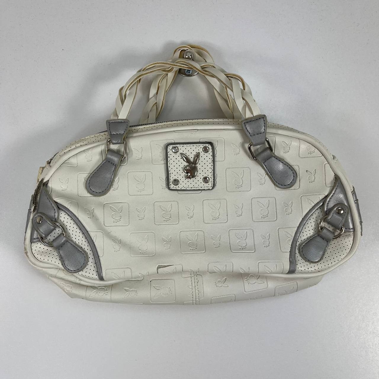 Playboy mini White Embossed Logo Handbag with Braided Handle