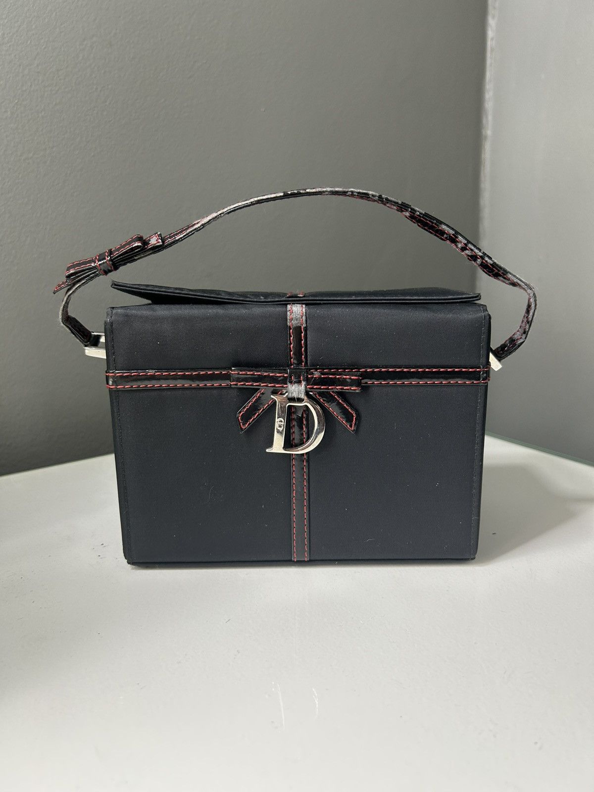 Vintage Christian Dior Ribbon Box Vanity Clutch Bag in Black, Women's