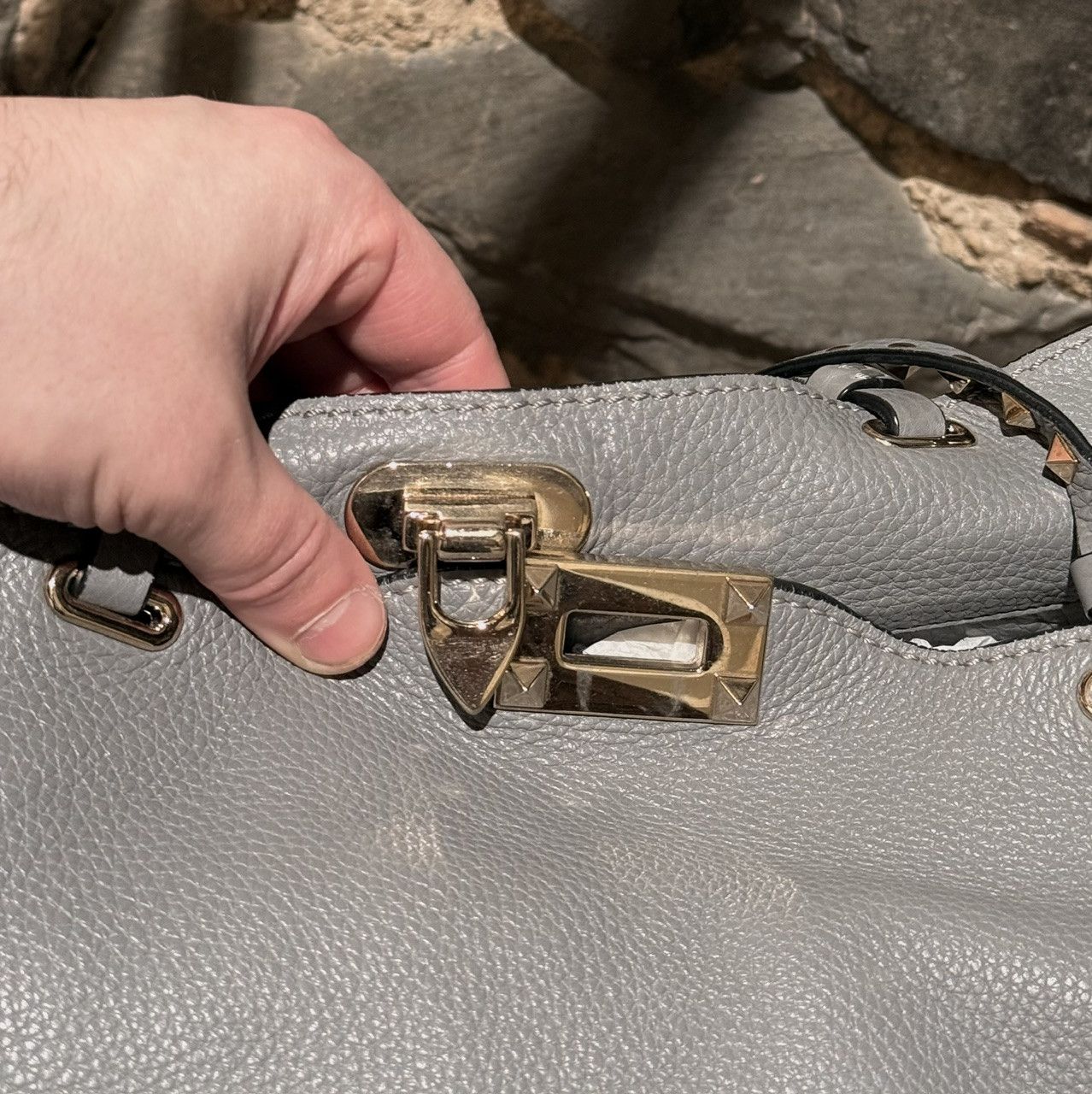 Valentino Valentino Grey Leather Rockstud Medium Shopping Tote Size ONE SIZE - 17 Thumbnail