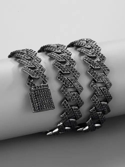 Jewelry × Vintage Retro Punk Rhinestone Silver Chain Necklace Black Size ONE SIZE - 2 Thumbnail