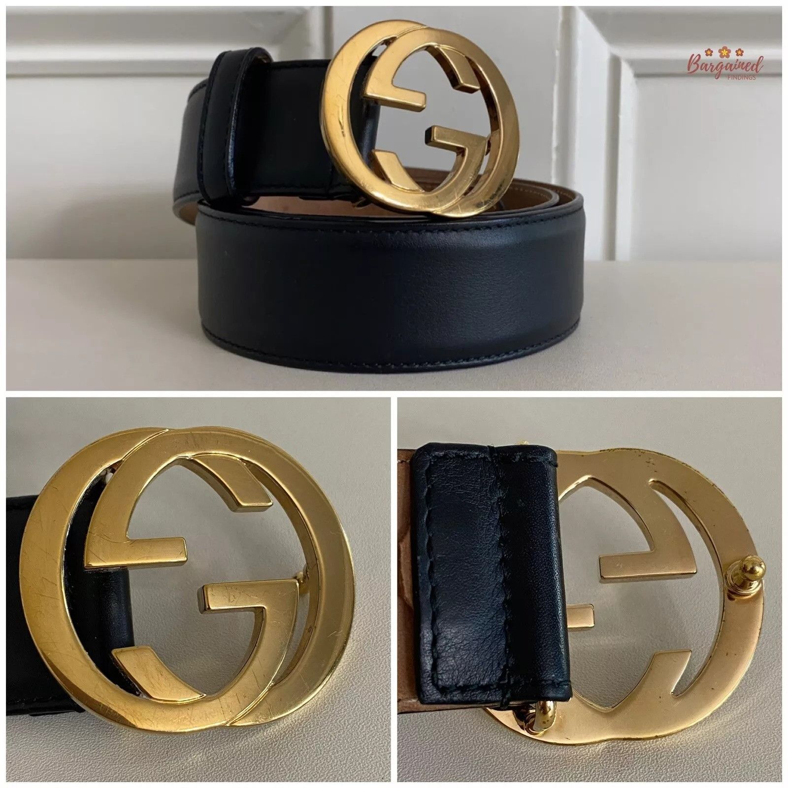 Gucci Gucci Black Calfskin Leather Gold Interlocking G Buckle Belt Size 28 - 4 Thumbnail