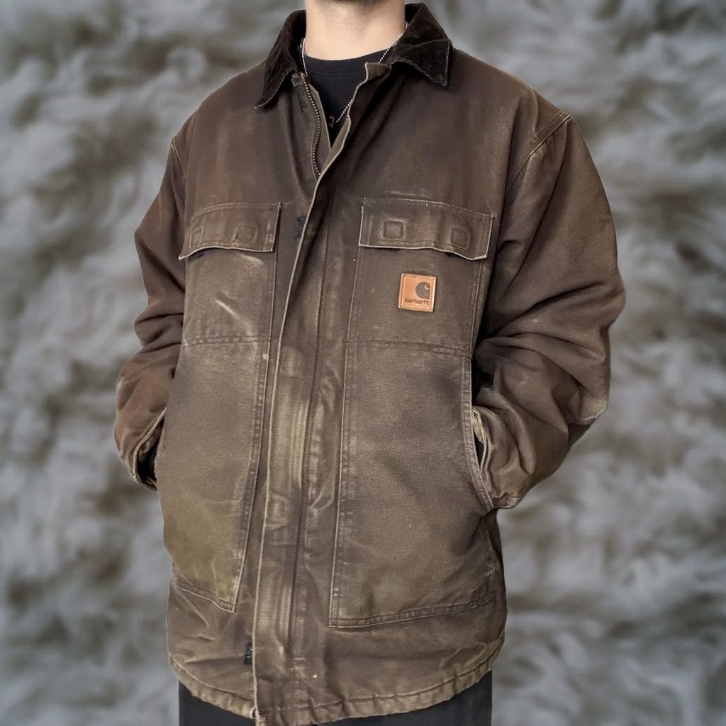 Carhartt VINTAGE Carhartt Coat Brown Mens XLT Duck Canvas Work Wear Faded Distressed Parka Full Zip Insulated Lined Pockets Mens Size US XL / EU 56 / 4 - 1 Thumbnail