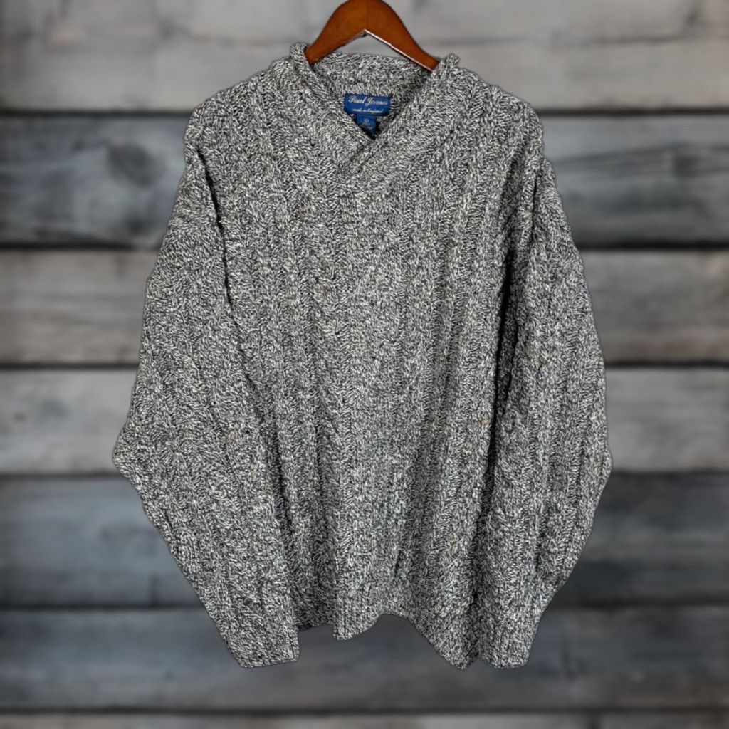Paul James VINTAGE Paul James Pure Wool Sweater Mens Large Gray Cable Knit Shawl Collar England Size US L / EU 52-54 / 3 - 1 Thumbnail