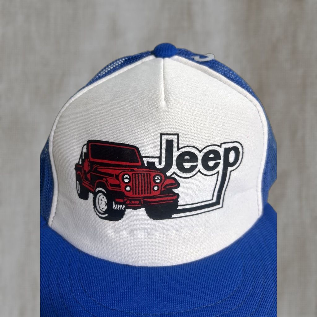 VINTAGE Jeep Hat Trucker Cap Mens Blue White 80s 90s Adjustable Sesame?