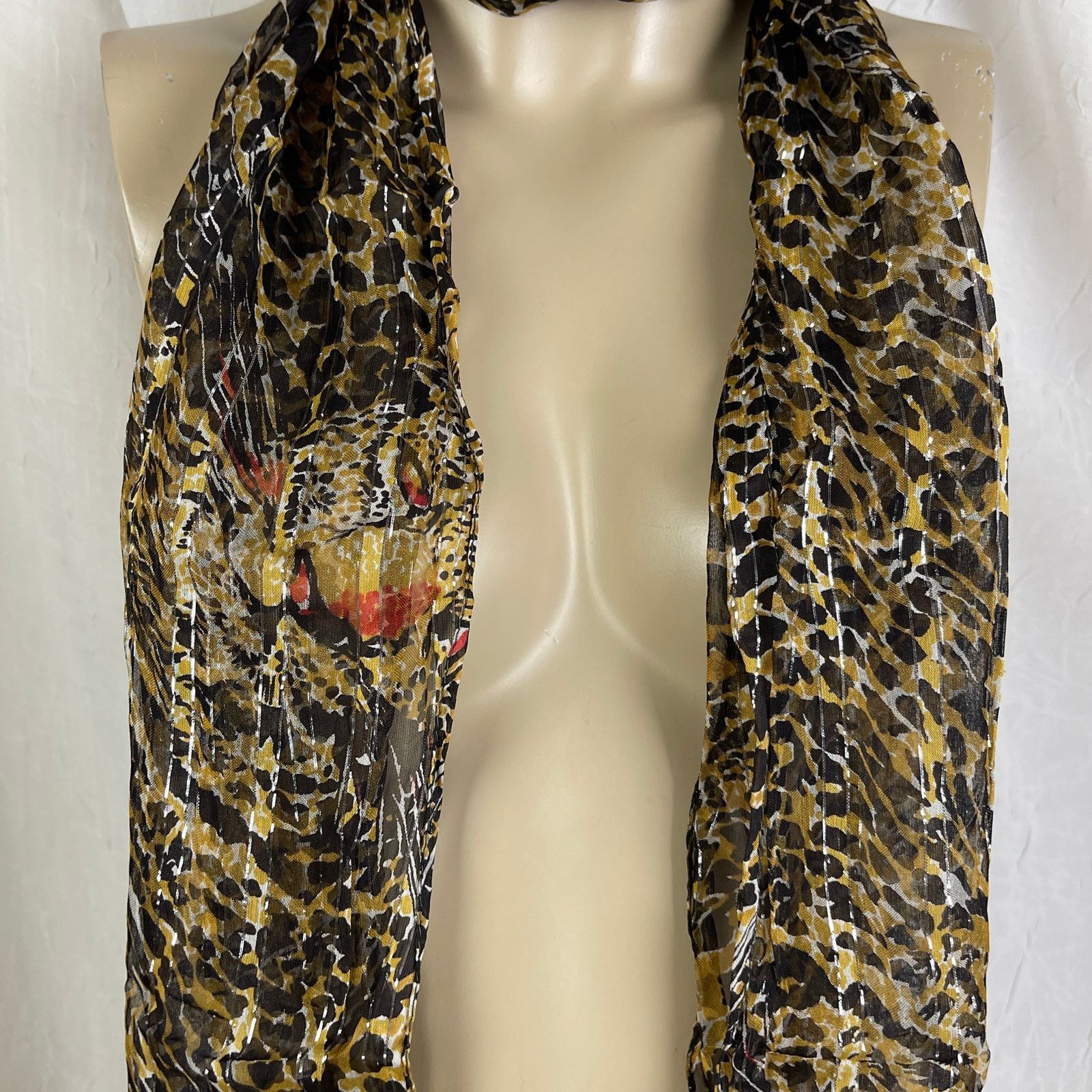Vintage VTG Leopard Print Sheer Scarf Striped Silver Brown Black Red Size ONE SIZE - 13 Thumbnail
