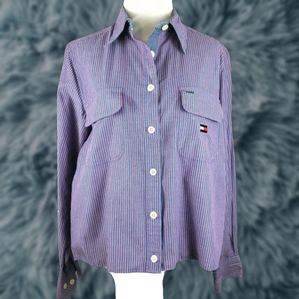 Tommy Hilfiger VINTAGE Tommy Hilfiger Shirt Womens 10 Blue Purple Button Up Long Sleeve Ladies Lot Of 2 Size L / US 10 / IT 46 - 1 Thumbnail