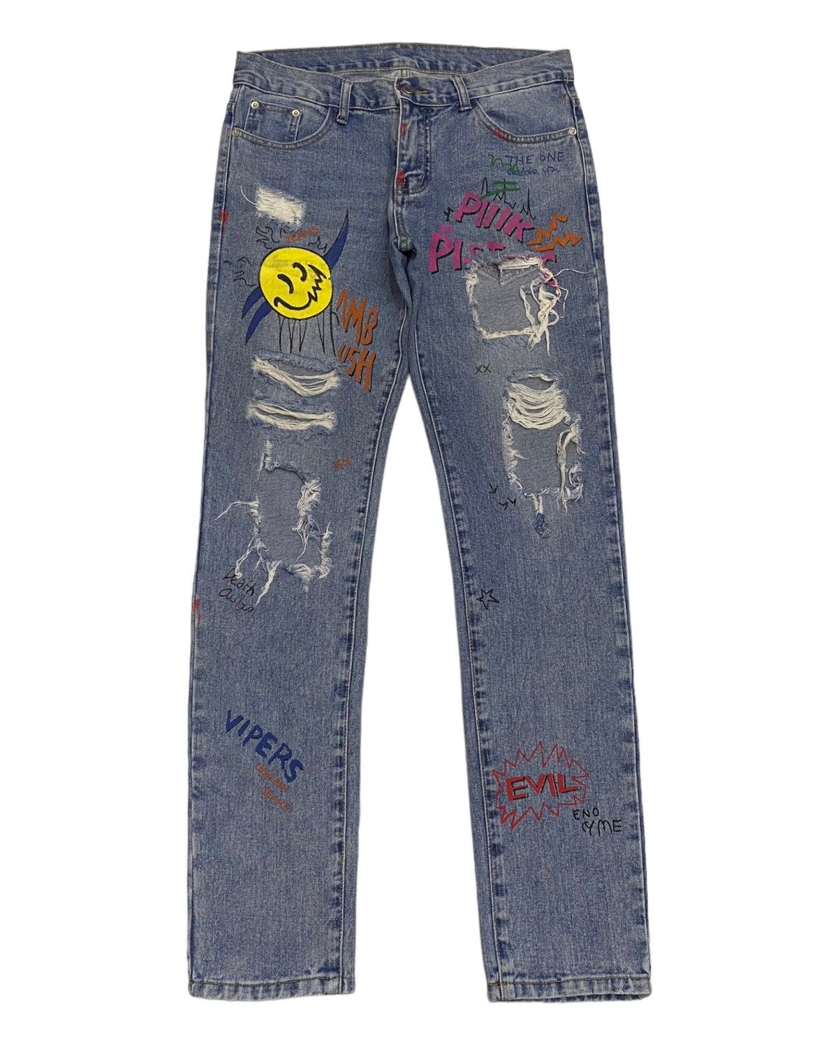 image of Archival Clothing x Kapital Smile Inspired Punk Thrashed Distressed Denim Jeans in Blue (Size 33)