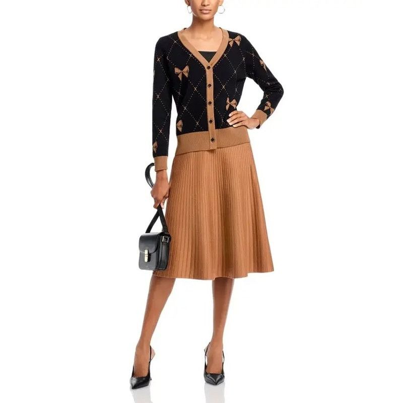 The Unbranded Brand Nancy Yang Women Brown Ribbed Knit A-line Midi Skirt Size L Size 34" / US 12 / IT 48 - 2 Thumbnail