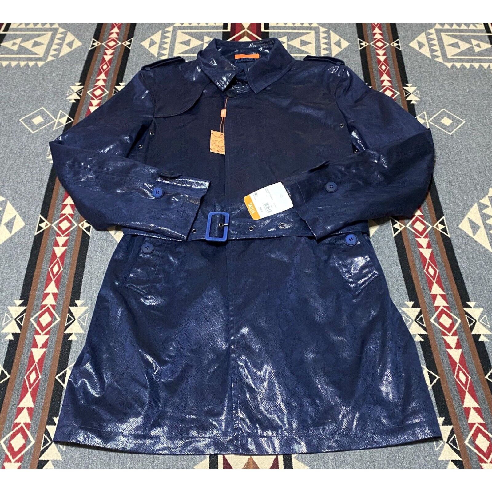 image of Tallia $296 Men's Faux Reptile Trench Coat Blue Size L NWT Belted T45 in White