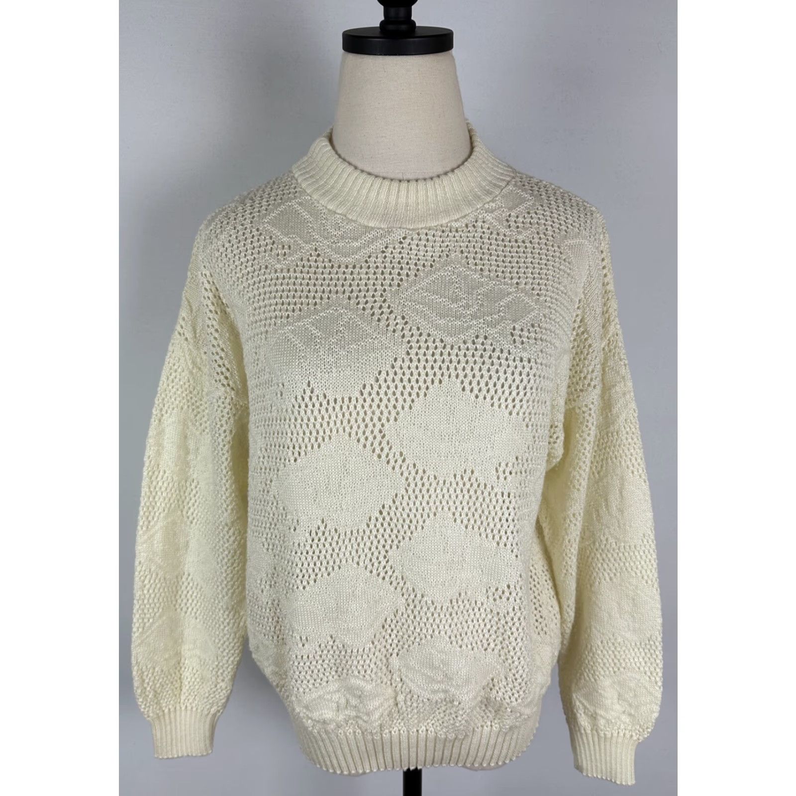 Vintage VINTAGE Unbranded Sweater Womens Open Knit Ivory Crewneck 80s 90s Geometric Long Sleeve Medium Size M / US 6-8 / IT 42-44 - 3 Thumbnail