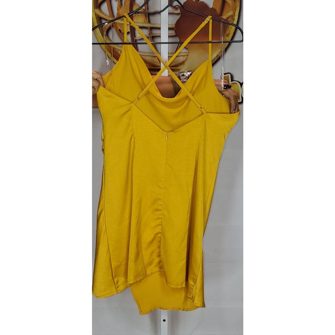 Other Fashion Nova Yellow Satin Cowl Neck Mini Dress Size Large Size L / US 10 / IT 46 - 3 Thumbnail