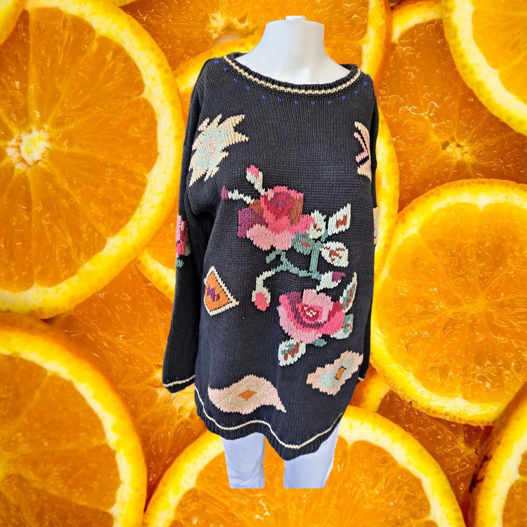 Other Crazy Horse Black with Flowers Knit Long Sweater Size 6 Size ONE SIZE - 8 Thumbnail