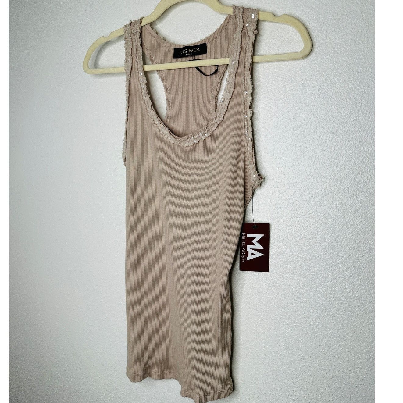Other NWT Dis Moi Tan Rib Knit Racer Back Lace Edging Tank Top Size S / US 4 / IT 40 - 2 Thumbnail