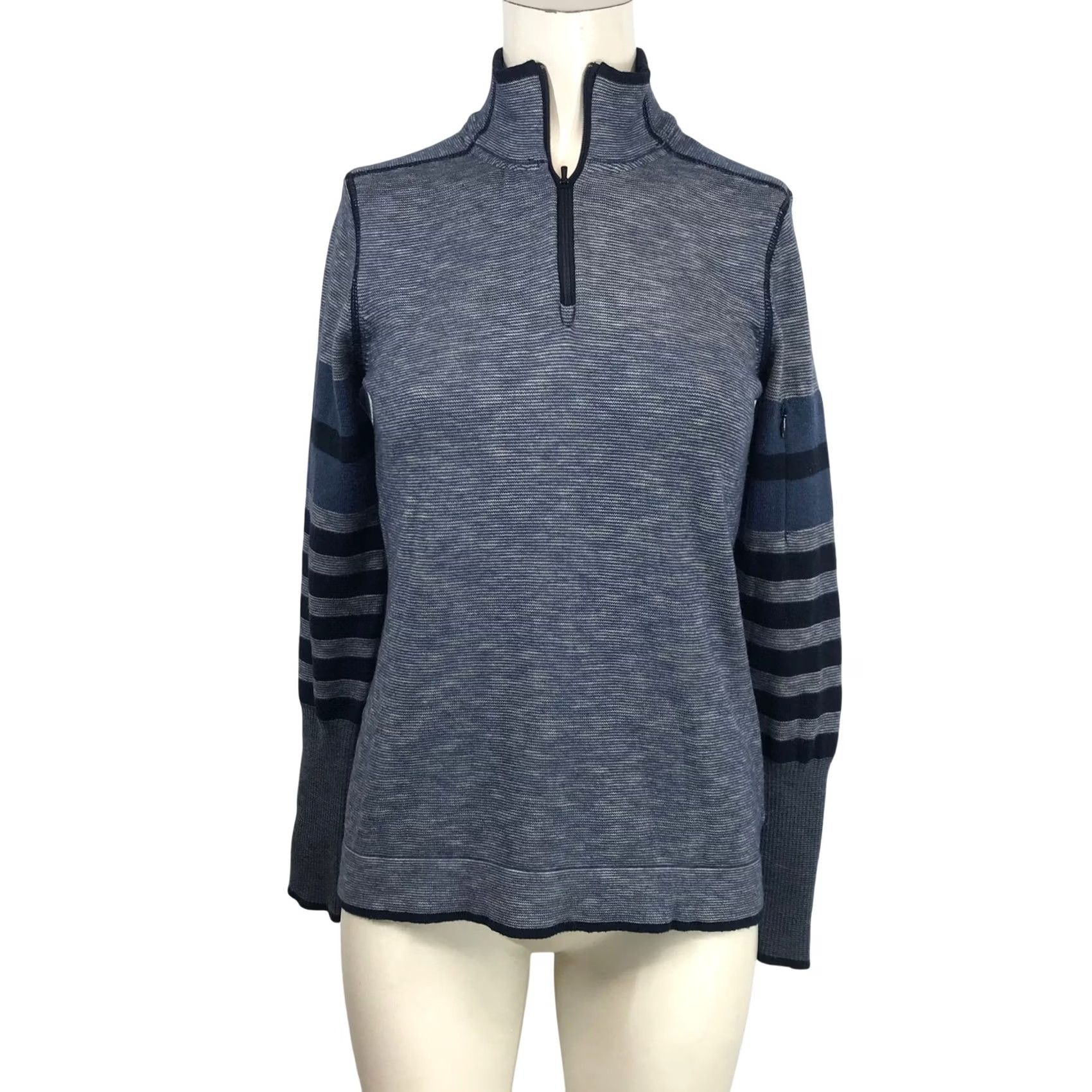Prana Prana Womens Blue Striped Quarter Zip Sweater SMALL Mock Neck Wool Blend Knit Size S / US 4 / IT 40 - 2 Thumbnail