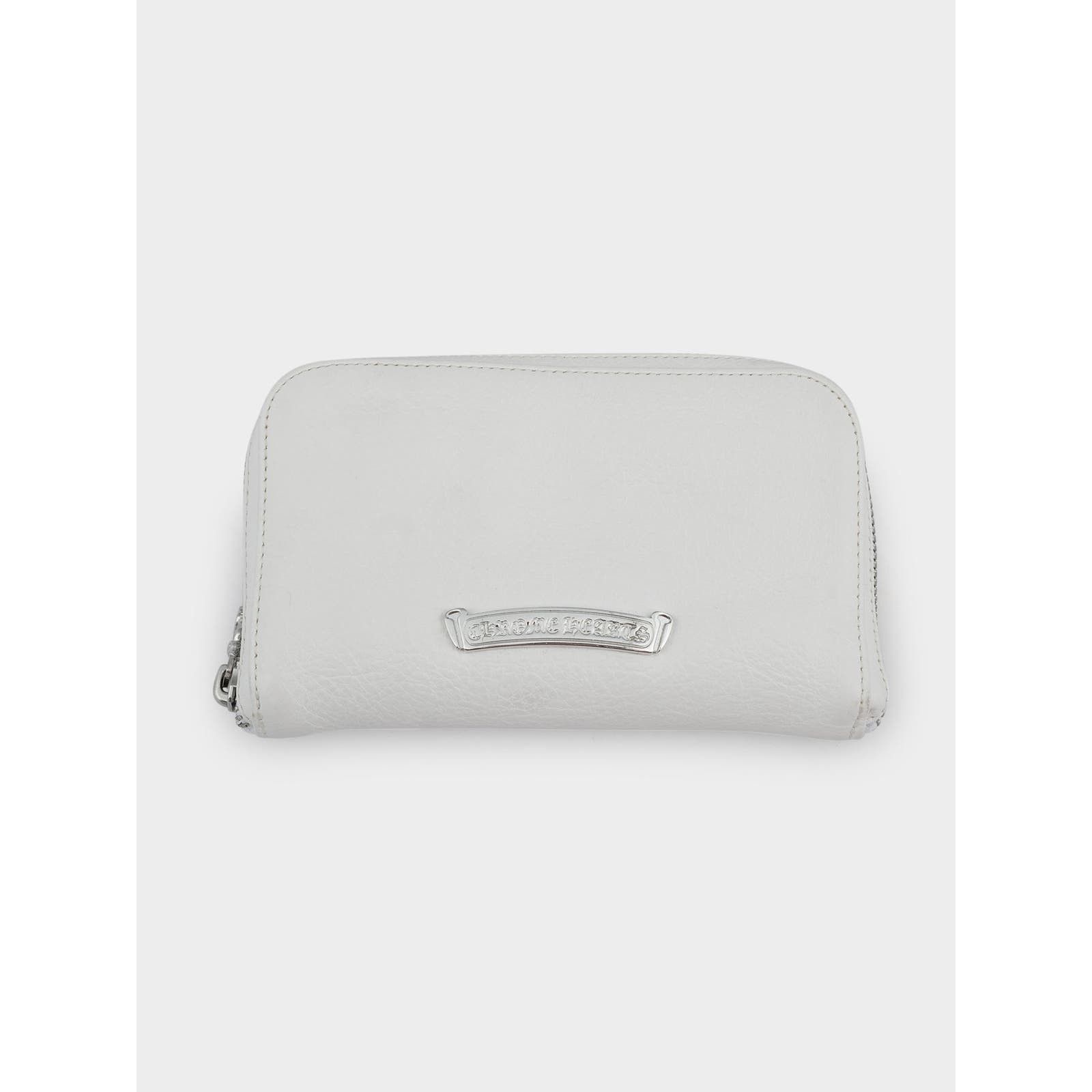 image of Chrome Hearts Rhodium & Leather Zip Wallet in White, Men's