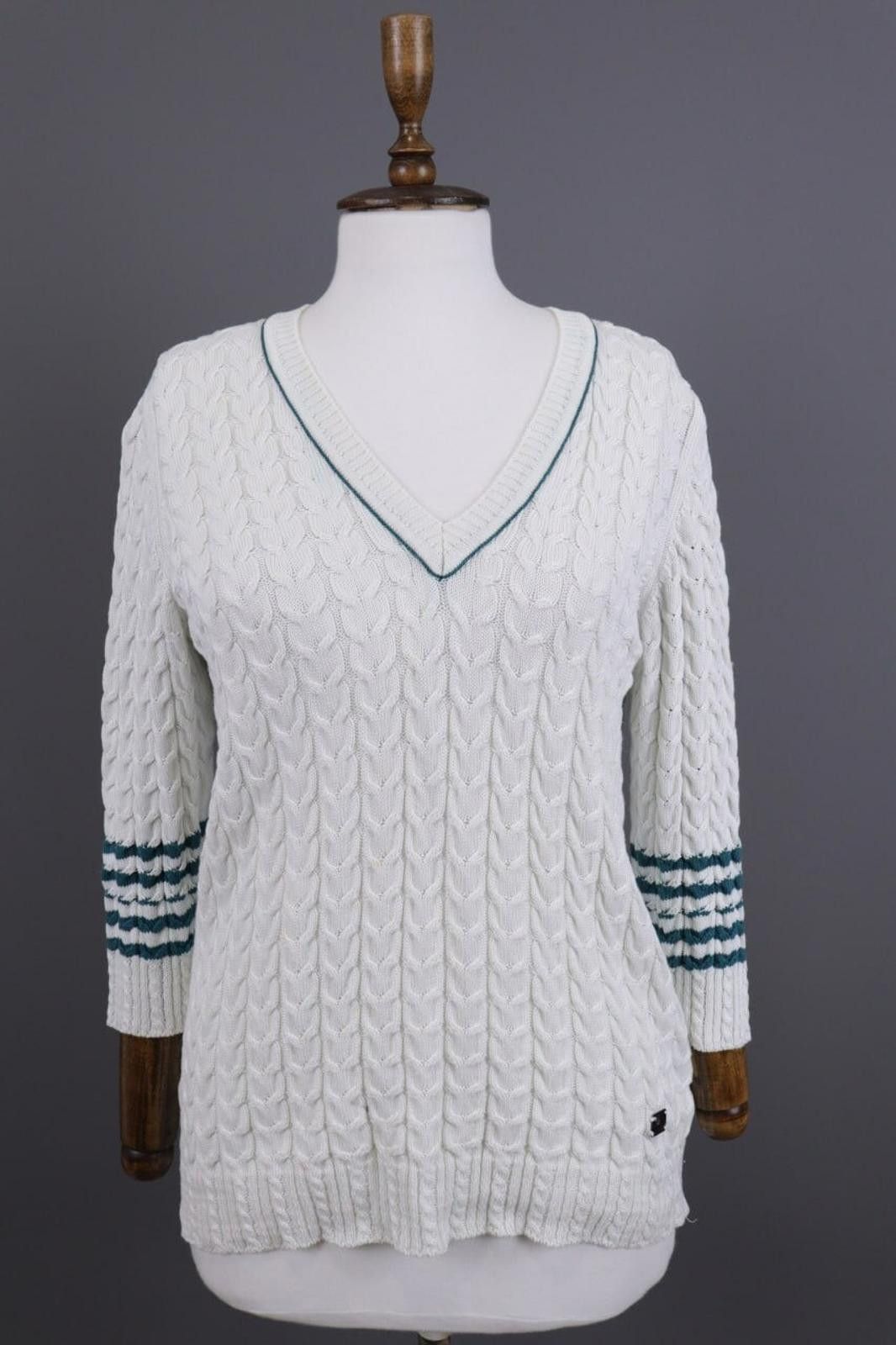Designer Burberry London White Striped Knit V-Neck Sweater Size 40 Size US M / EU 48-50 / 2 - 1 Thumbnail