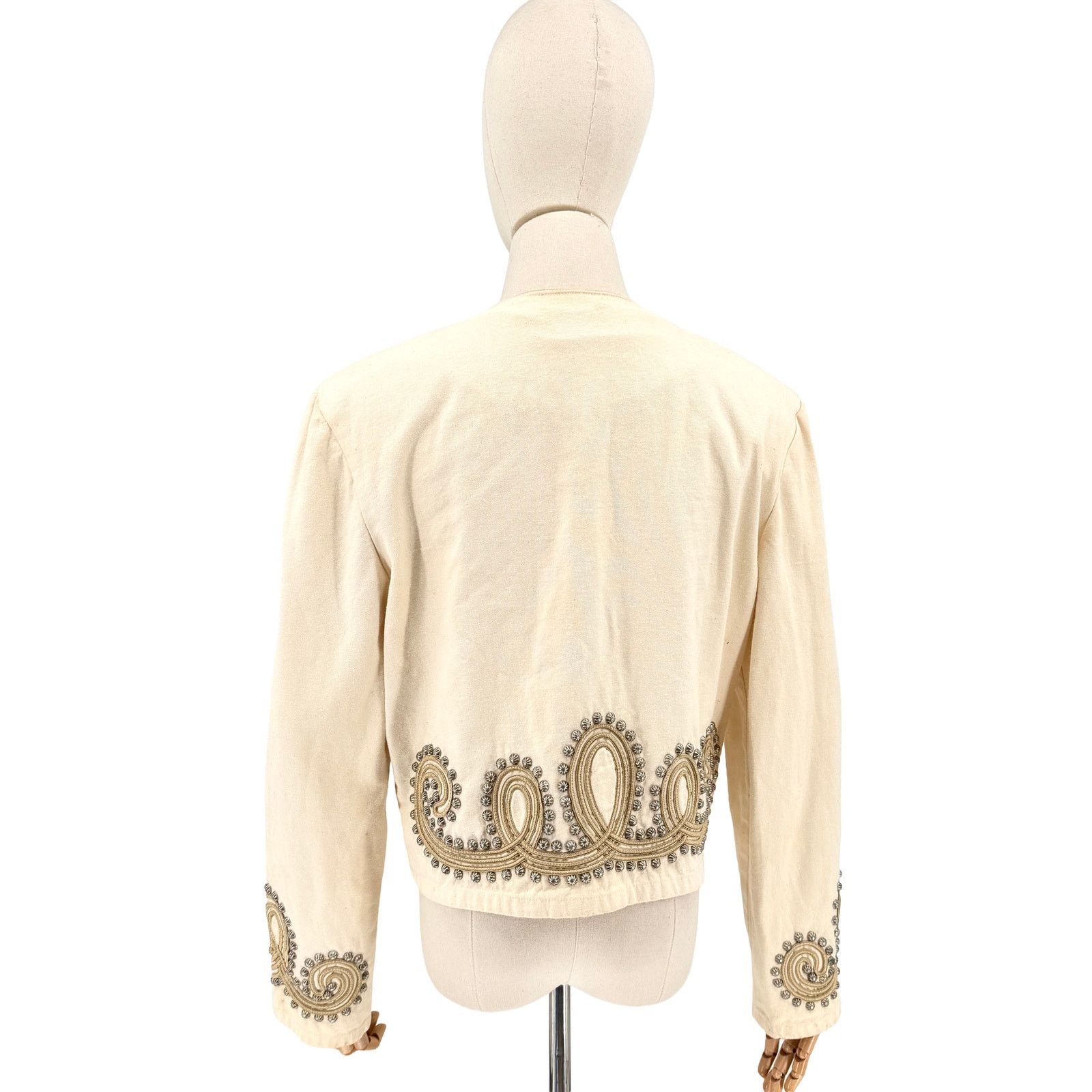 Double D Ranch Vintage 90s Cream 100% Cotton Studded Western Cropped Jacket Size M / US 6-8 / IT 42-44 - 6 Thumbnail