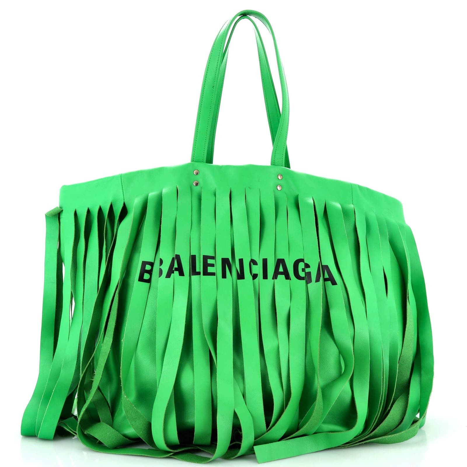 image of Balenciaga Laundry Cabas Tote Fringe Leather Medium in Green, Women's