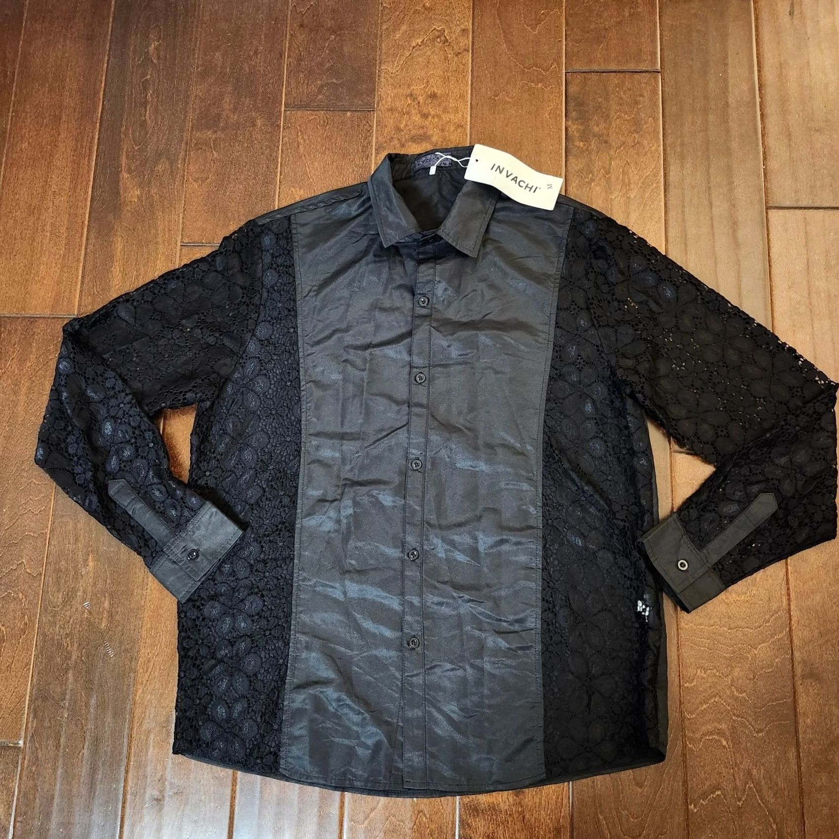 Shein SheIn Men’s Black Floral Laced Button-Up Shirt - Size M, Long Sleeve, Polyester Spandex, Casual Formal Business, Regular Fit Size US M / EU 48-50 / 2 - 2 Thumbnail