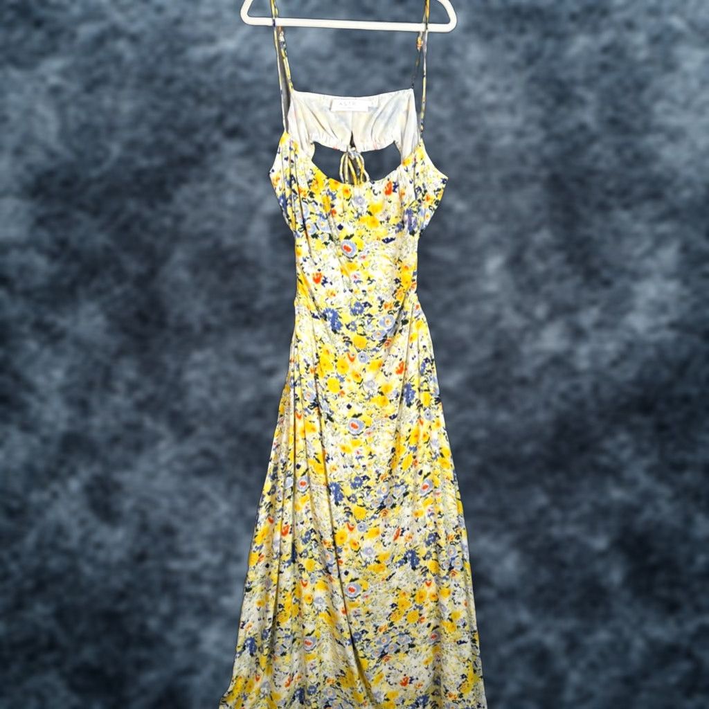 VINTAGE ASTR The Label Maxi Dress Sleeveless Yellow Blue Abstract Tie-Back Detail Adults Womens