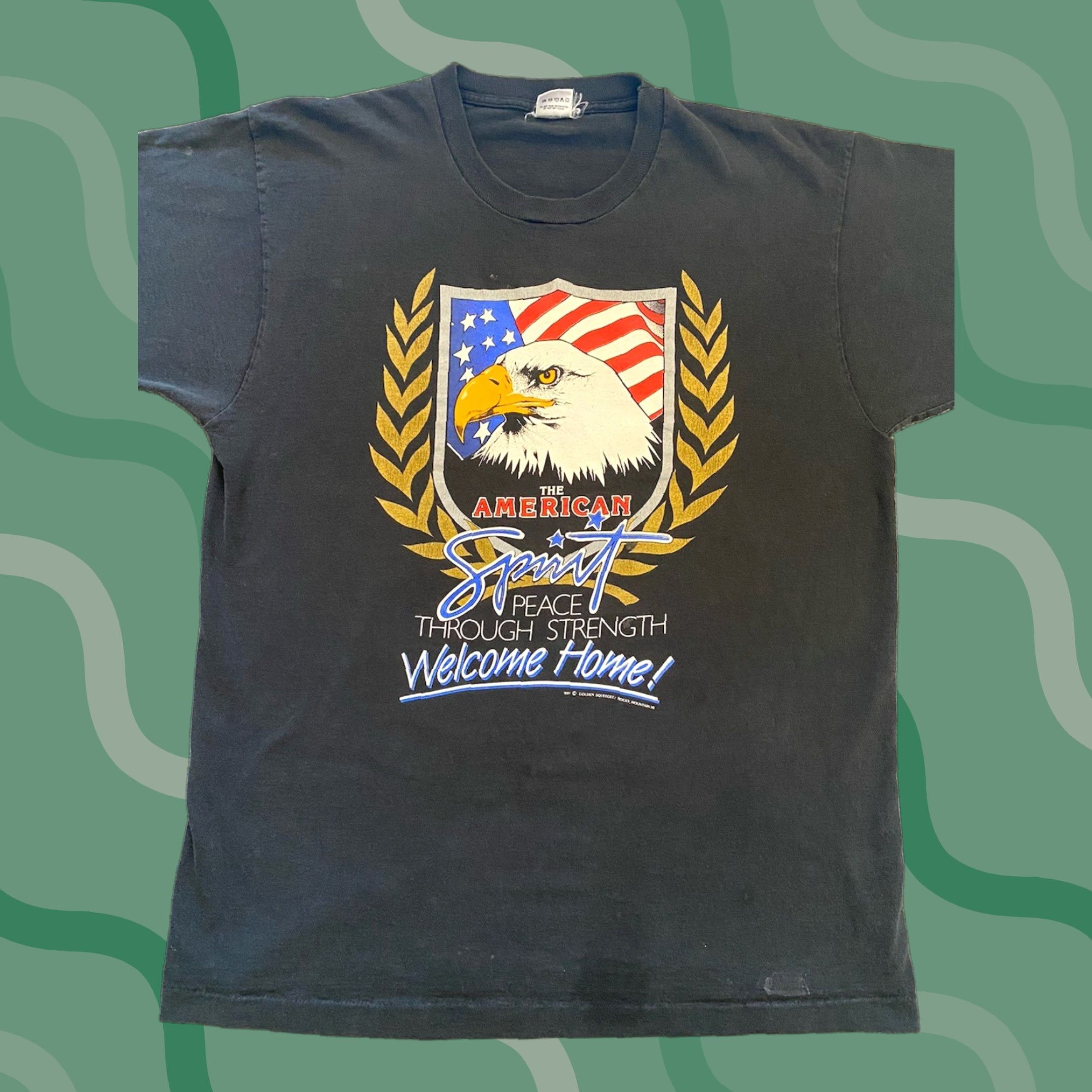 VINTAGE The American Spirit XL T-Shirt Made in USA Single Stitch Men Black 1991 1990s Patriotic USA Military Army USA