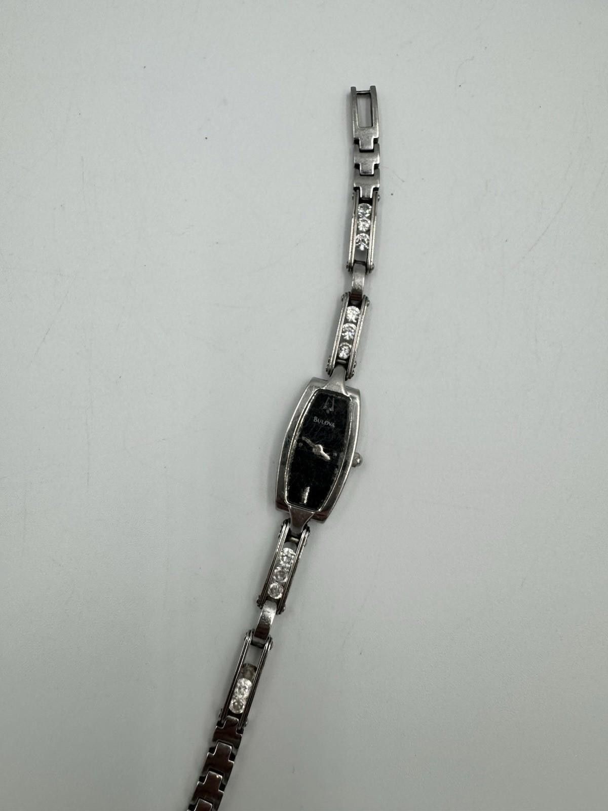 Bulova Womens Floating Crystals Black Dial Silver Stainless