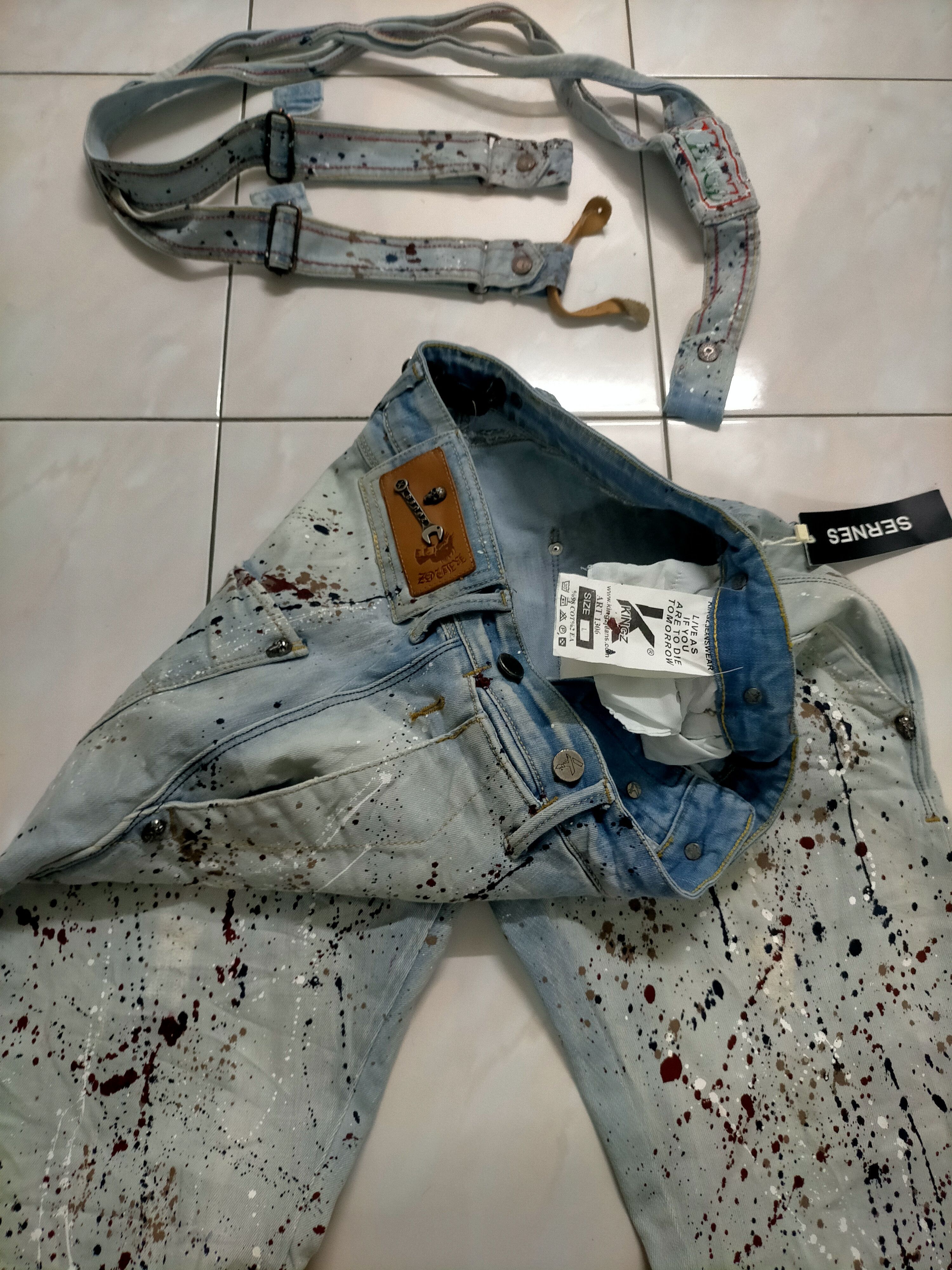 If Six Was Nine × Japanese Brand × Le Grande Bleu (L.G.B.) 🔥Rare Splatter Kingz Art Denim Crazy Design Size US 35 - 7 Thumbnail