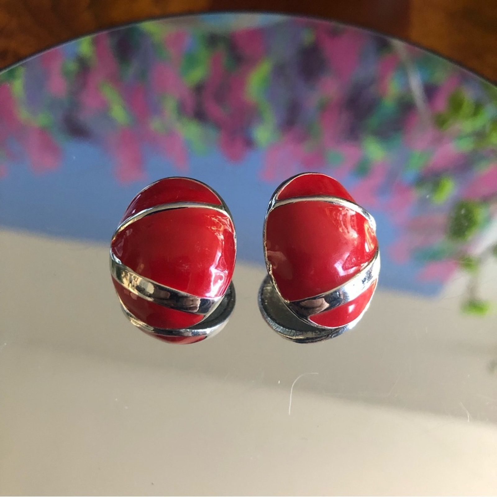 Vintage Vintage oval red enamel silver setting pierced earrings Size ONE SIZE - 5 Thumbnail