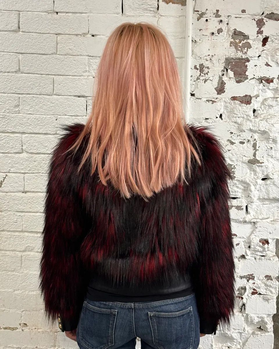 Balmain Balmain H&M Bordeaux & Black Faux Fur Gold Button Jacket Size S / US 4 / IT 40 - 3 Thumbnail