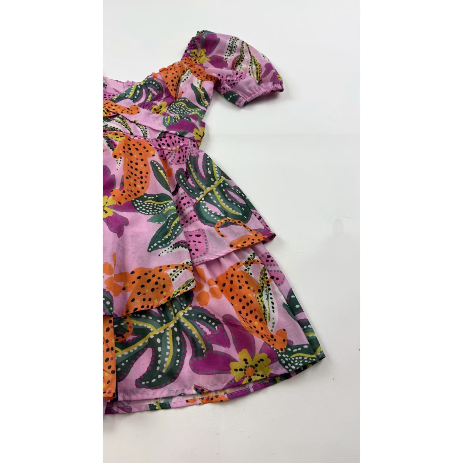 Pinko Crystal Sky Dress Womens XS Pink Floral Ruffle Tiered Puff Sleeve Mini Lined Size XS / US 0-2 / IT 36-38 - 2 Thumbnail
